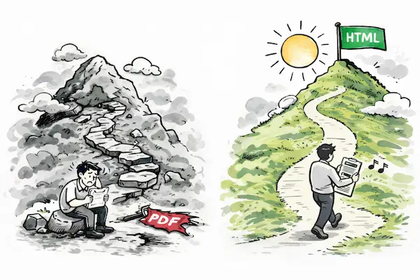 Illustration i två delar: till vänster en person som kämpar på en mörk, stenig stig med en PDF-skylt på marken; till höger samma person som promenerar lätt uppför en grön, solig kulle mot en flagga med texten HTML.