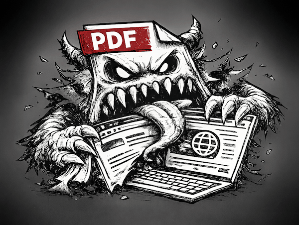 PDF-monstret: en skrämmande varelse formad som ett PDF-dokument som sliter sönder en webbsida